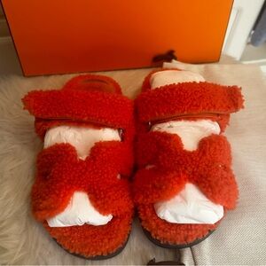 HERMES  Chypre Woolskin Womens Chypre Sandals Size 35 Orange.
